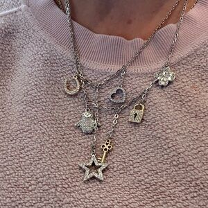 Vintage Swarovski Silver and Gold Layered Charm Necklace with Star, Key, Clover